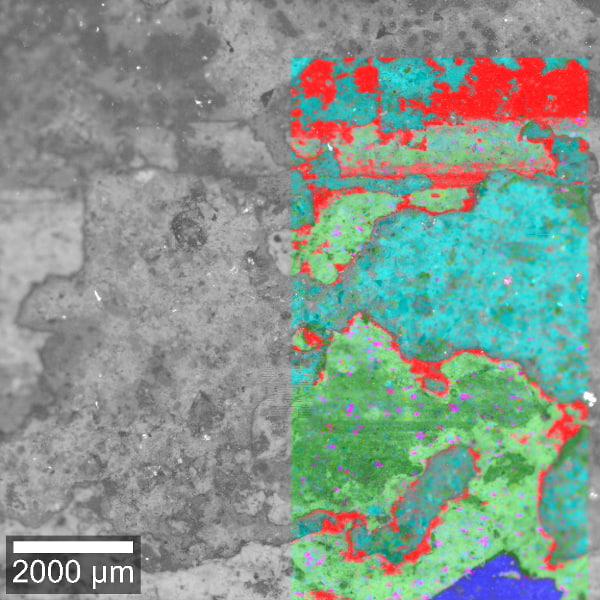 罗马壁画的拉曼图像在光学图像上覆盖。